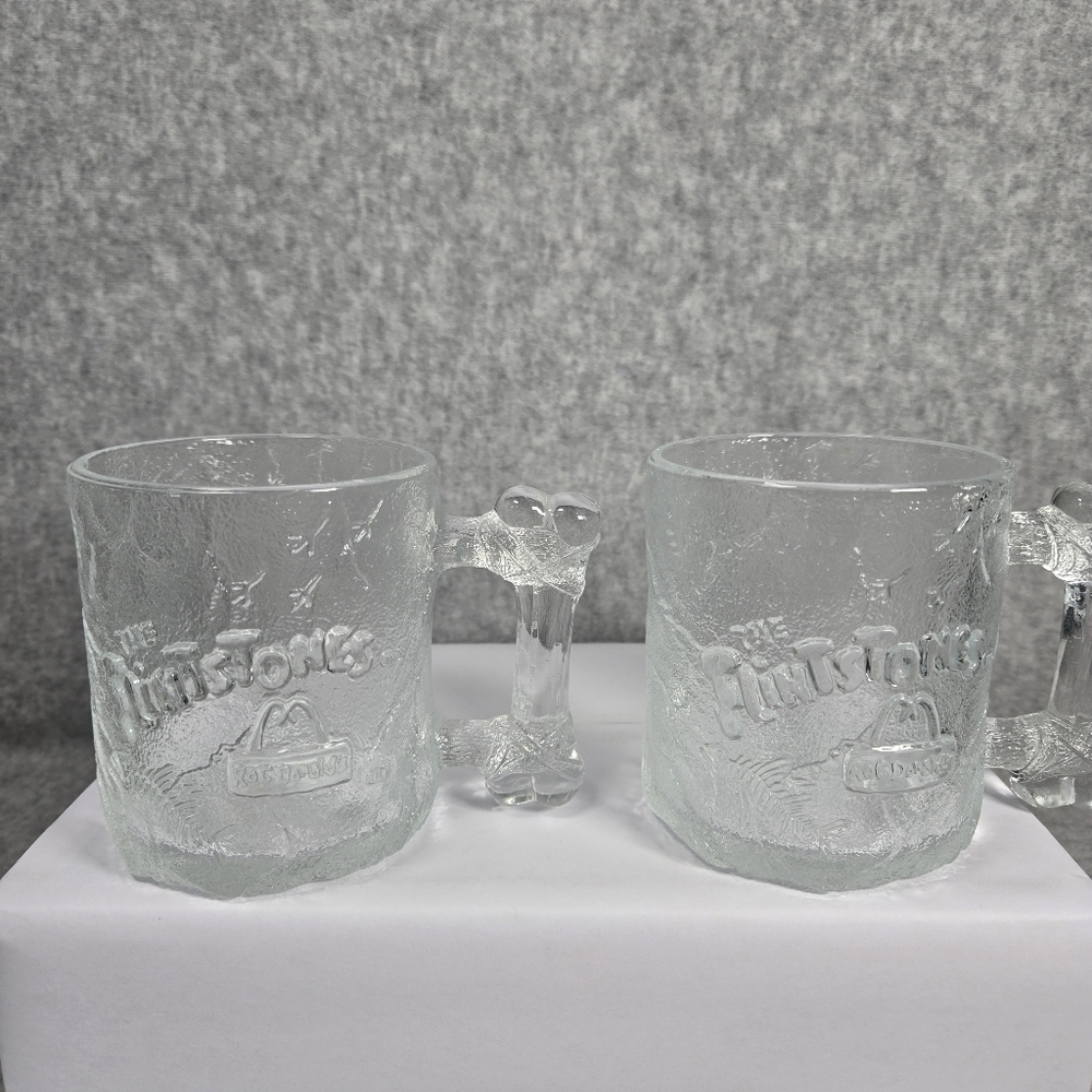 1993 McDonalds Flintstones Frosted Clear Glass Mug Cup Vtg RocDonalds Promotion